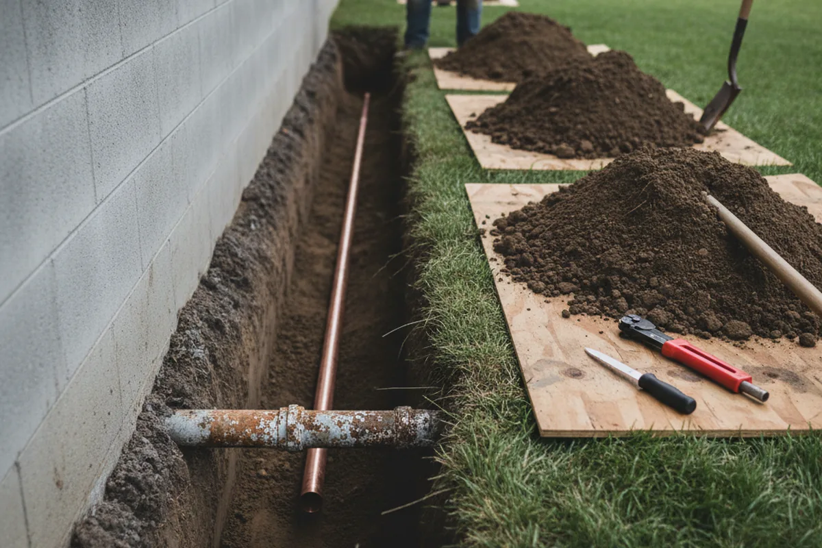 Excavated water line trench during Sewer Line Repair in Fairview